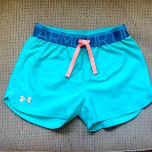 Under Armour girls shorts, green/blue with tangerine string color, size M